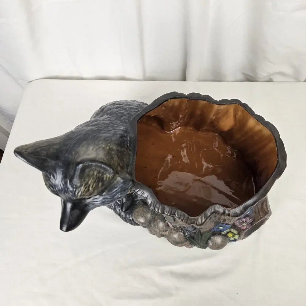 Vintage Woodland Fox & Kit Tree Stump Planter Ceramic Pot Decorative Art